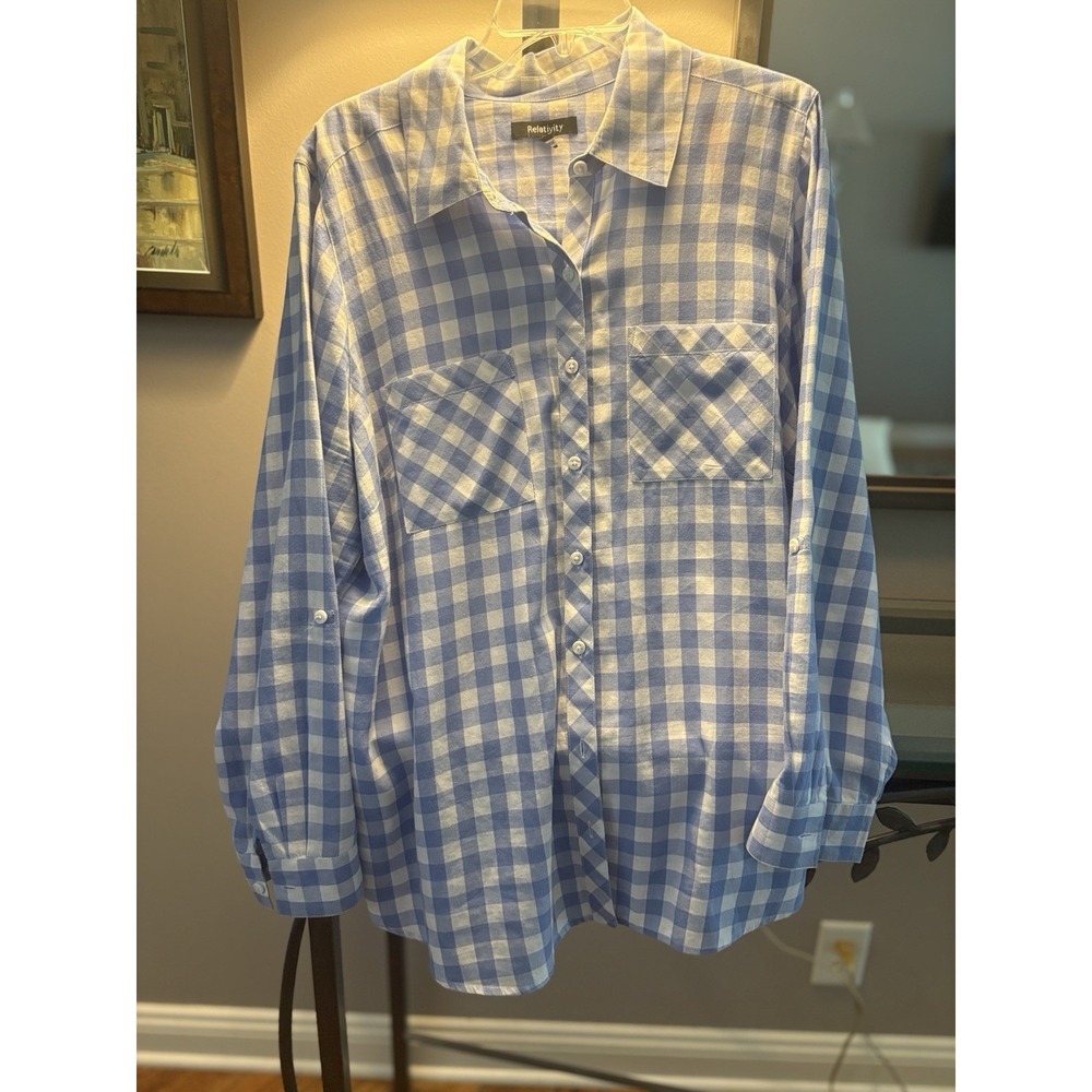 Relativety 100% Soft Cotton Womens 2X Blue & White Check Long Sleeve Comfort - Picture 11 of 11